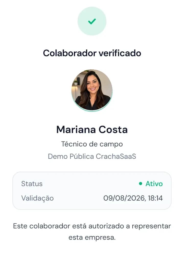 Tela de confirmação: colaborador verificado pelo cliente